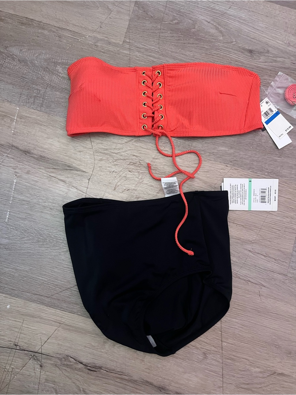 JCPenney Coral Lace-Up Bandeau Top with Black High-Waist Swim Bottoms